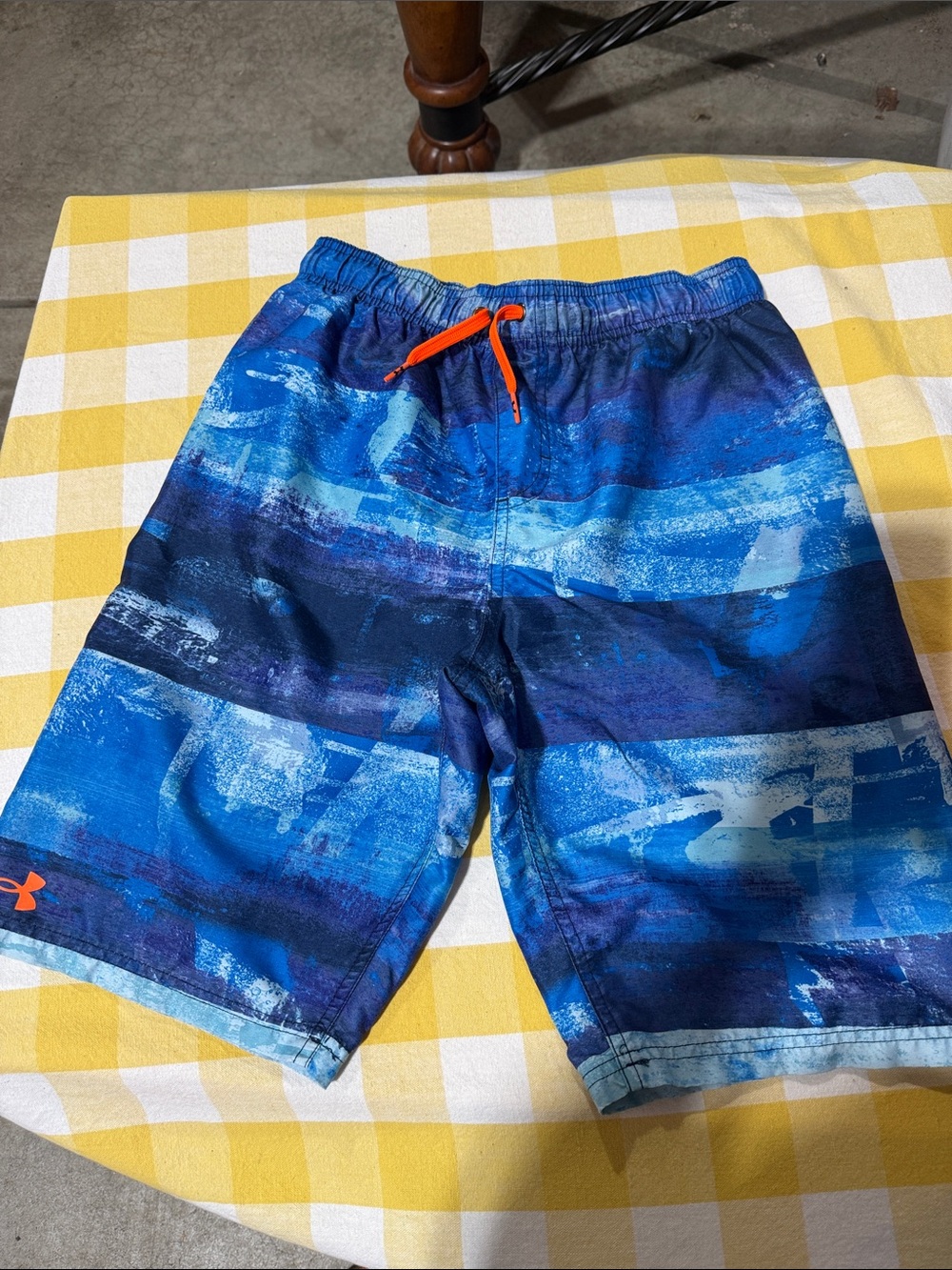 Under Armour Blue Graphic Swim Trunks with Orange Drawcord and logo
